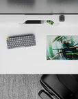 Misty teal-green anime girl mouse pad 14x10 inches with ink-splash shadows, drifting petals, calm danger mood.