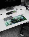 28x12 inches anime girl mouse pad featuring a wandering swordswoman on mossy stone, silver hair in rain, blade across lap.