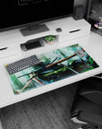 Silver-haired ronin girl on mossy stone with red-sheathed blade, anime mouse pad 32x16 inches.