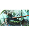 40x20 inches anime girl desk pad with silver-haired swordswoman, straw hat, red-sheathed katana, forest stone.