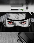 Dark black and cool grey anime desk pad 40x20 inches with red eye glow, calm but intense mood.