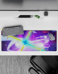 Anime mouse pad 32x12 inches featuring Megumin mid-cast, with vibrant, rainbow-shattered light and magical chaos.