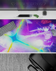 Megumin anime desk pad, 40x20 inches, showcasing her mid-cast with vibrant rainbow shatters and neon arcs, adding flair.
