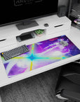 Anime desk pad featuring Megumin from KonoSuba, casting magic amidst vibrant rainbow lights, size 36x16 inches.