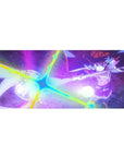 Megumin anime desk pad, 36x16 inches, featuring her mid-cast with shattered rainbow light and neon arcs in a dark scene.