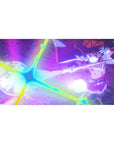 Megumin anime desk pad 40x20 inches, mid-cast with rainbow light bursting, intense and electrifying scene.
