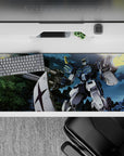 36x16 inches anime desk pad in steel blue and white with neon green lines, tense night combat energy.