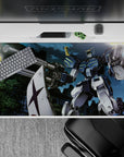 40x20 inches anime desk pad in steel blue and white with neon-green lines, bright yellow fire, intense vibe.