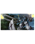 32x16 inches anime mouse pad with Gundam Ground Type in a ruined city night battle, twin cannons firing.