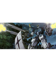 36x16 inches anime desk pad with Gundam Ground Type in a ruined city night battle, neon accents and cannon fire.
