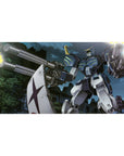 40x20 inches anime desk pad with Gundam Ground Type in a ruined city night battle, neon accents and cannons.