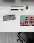 Pastel, dreamy 14x10 inches anime mouse pad with teal sky and cozy city clutter vibes.