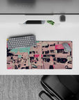 28x12 inches anime mouse pad in candy-pink and teal tones, dreamy vibe with crisp line art.