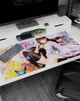 Long-haired anime girl desk pad 40x20 inches, kimono slipping off one shoulder, glossy black stockings.