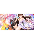 36x16 inches anime girl desk pad with cherry blossoms, butterflies, kimono detail, and black stockings.