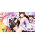 Anime girl desk pad 40x20 inches with kimono art, butterflies, cherry blossoms, and black stockings.