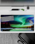 32x16 inches mouse pad showcasing the northern lights over a frozen lake, with green, blue, and purple tones for a tranquil, starry sky.