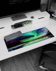 Artistic 32x12 inches mouse pad with the northern lights, featuring green, blue, and purple tones for a serene, starry sky design.