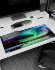 Artistic 36x16 inches mouse pad with the northern lights dancing over a frozen lake, blending green, blue, and purple tones for serenity.