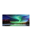 Mouse pad featuring the northern lights, 28x12 inches, over a frozen lake with green, blue, and purple hues for a peaceful nature design.