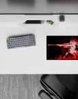 Red and black anime mouse pad, 14x10 inches, smoky crimson splashes with a fast, dangerous vibe.