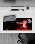 28x12 inches anime mouse pad in crimson and deep black with smoky streaks, fast dangerous dreamy vibe.