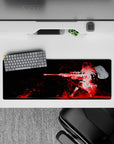 32x12 inches anime girl mouse pad in red-on-black chaos, smoky crimson streaks, fast dangerous dreamy vibe.