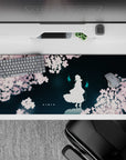 36x16 inches anime desk mat in deep teal and soft pink, dreamy late-night vibe with clean negative space.