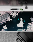 40x20 inches anime desk pad in deep teal and soft pink, calm late-night vibe with dreamy cyan glow.