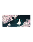 28x12 inches anime mouse pad with sakura petals, lone white silhouette, and cyan spirit flames on teal sky.