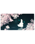 32x16 inches anime mouse pad with sakura petals, lone white silhouette, and floating cyan spirit flames.