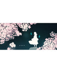 36x16 inches anime desk pad with sakura petals, white silhouette figure, and cyan spirit flames on teal sky.