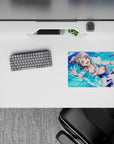 Bright blue summer crush anime mouse pad 14x10 inches, pastel tones, sparkling water droplets, beachy vibe.