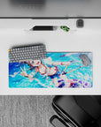 28x12 inches anime girl mouse pad in bright ocean blues with sparkling bubbles and a fun summer crush vibe.