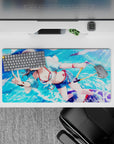 32x16 inches anime desk mat in bright ocean blues with sparkling bubbles, summery crush vibes and crisp print.
