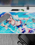 Summer crush vibe desk pad 40x20 inches in bright ocean blues with sparkling bubbles and crisp droplets.