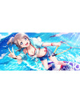 36x16 inches anime girl desk pad with ocean bubbles, pastel hoodie, floral bikini accents, peace sign.