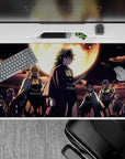 Anime mouse pad 40x20 inches, featuring Demon Slayer Hashira under a burning moon, dynamic blues and golds.