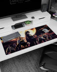 Anime desk pad 36x16 inches featuring Demon Slayer Hashira under a burning moon, with deep blues and molten gold accents.