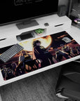 Anime desk pad 40x20 inches featuring Demon Slayer's Hashira under a burning moon, with deep blues and molten gold accents.