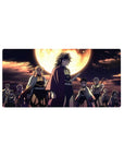 Anime mouse pad 32x16 inches featuring Demon Slayer Hashira under a burning moon, with intense blue and gold contrasts.