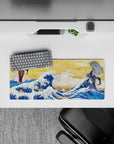 28x12 inches mouse pad with mecha vs. monster wave, capturing the essence of Hokusai’s art with a dynamic anime-inspired combat scene.