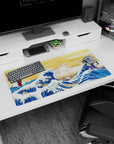 Modern 32x16 inches mouse pad featuring mecha vs. monster wave, combining iconic traditional art with a futuristic anime-style battle.