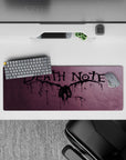 Dark purple smoky haze anime mouse pad 32x12 inches with dripping ink lettering for a moody desk setup.