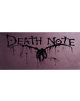 Death Note anime desk pad 36x16 inches with jagged ink title and winged shadow figure on purple haze.