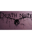Death Note anime desk pad 40x20 inches with jagged ink title, purple haze, and winged shadow figure.