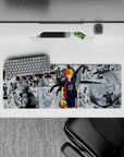 32x12 inches anime mouse pad in bold black-and-white with vivid orange hair, high-energy gym match mood.