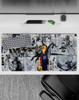 Black-and-white manga collage with blazing orange hair, high-contrast gym energy mouse pad 32x16 inches.
