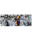 Haikyuu anime mouse pad 32x12 inches with Hinata over manga collage of spikes, dives, and crowd panels.