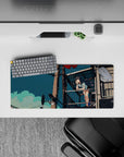 Calm teal-sky anime girl mouse pad 28x12 inches, warm browns and soft clouds, dreamy vibe.